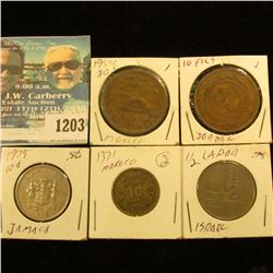 1203 _ Israel Half Sheqel; Jordan 10 Fills; 1975 Jamaica 10c; 1371AH Morocco 10 Francs; & 1954 Mexic