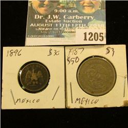 1205 _ 1896 Mexico Silver 10 Centavos & 1987 Mexico 50 Centavos.
