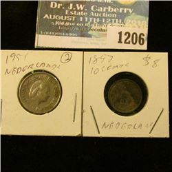 1206 _ 1951 25 Centimes & 1897 Silver 10 Centimes from Netherlands.