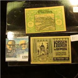 1209 _ Germany 10 and 50 Heller Notgeld Notes. Unc.
