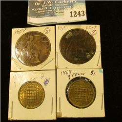 1243 _ 1907, 1915 Penny, & 1964, 1965 Great Britain 3 Pence.
