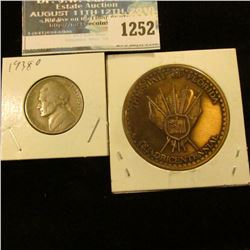 1252 _ 1938 D Jefferson Nickel, & State of Florida, Penellas County, Quadricentennial Bronze Medal.
