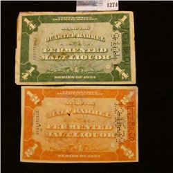 1274 _ Series 1934 (2) Revenue Stamps, 1/4th & 1/2 Barrel of Fermented Malt Liquer.