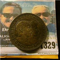 1329 _ 1923 Denmark, Silver 2 Kroner, Silver Wedding Aniversary Commemorative. Toned EF-AU.