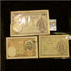1335 _ 1941 Algeria 20 Francs, 1942 20 Francs and 1941 5 Francs World War II Issued. F-EF.