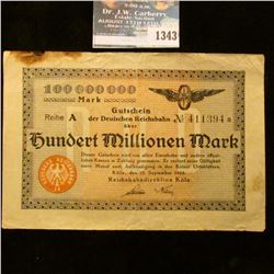 1343 _ 1923 Koln Germany, 100 Millionen Marks Note.