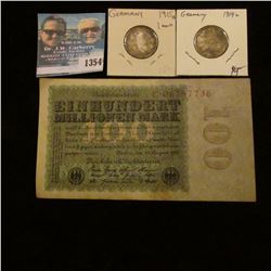 1354 _ 1923 German 100 Millionen Note and 1914A, 1915A Silver 1 marks in Nice Grades.