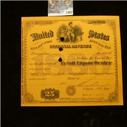 1407 _ 1880 United States Internal Revenue Retail Liquor Tax Stamp.