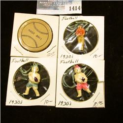 1414 _ (3) 1930's Football Figures and Base Ball Poker Chip.