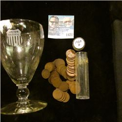 1421 _ 5 1/2" Tall Drinking Goblet Etched "Union Pacific" Rail Road and Roll 1928 D Lincoln Cents.