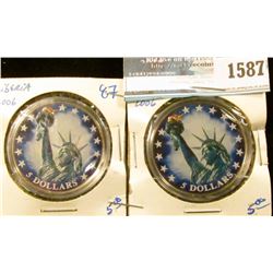 1587 _ Two Liberia Five Dollar Coins With A Colorized Statute Of Liberty