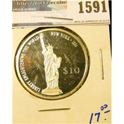 1591 _ 2000 Ten Dollar Silver Coin From Liberia With The Statute Of Liberty On The Front