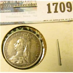 1709 _ 1887 British Sixpence Coin With Queen Victoria On The Front