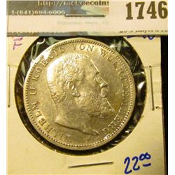 1746 _ 1909-F German States/ Wuertemberg Silver Three Mark Coin