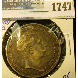 1747 _ German States/ Prussia 1909-A Silver Three Mark Coin