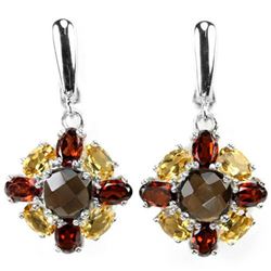 NATURAL SMOKY QUARTZ GARNET & CITRINE Earrings