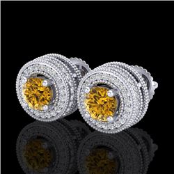 2.09 CTW Intense Fancy Yellow Diamond Art Deco Stud Earrings 18K White Gold - REF-218F2N - 38015