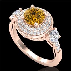 2.05 CTW Intense Fancy Yellow Diamond Art Deco 3 Stone Ring 18K Rose Gold - REF-300T2M - 38149