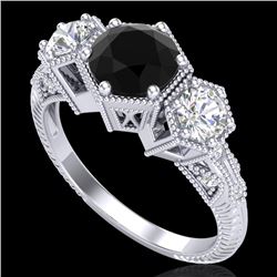 1.66 CTW Fancy Black Diamond Solitaire Art Deco 3 Stone Ring 18K White Gold - REF-123W3F - 38052