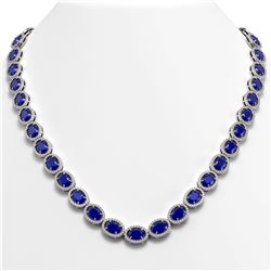 52.15 CTW Sapphire & Diamond Halo Necklace 10K White Gold - REF-655X3T - 40559