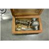 Image 2 : WOOD DRESSER BOX W/ SILVER PLATE ITEMS AND VANITY MIRROR