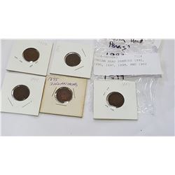 INDIAN HEAD PENNIES 1892, 1895, 1897, 1899, AND 1902