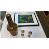 Image 1 : METAL ORNATE DECANTER, 2 SILVER PLATES, GLASSES, AND VINEYARD PRINT