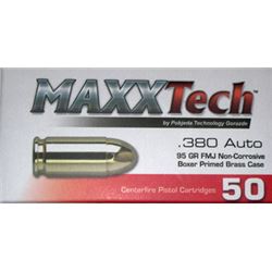 200 Rounds: MAXXTECH 380ACP 95GR FMJ  Brass PTGB380B