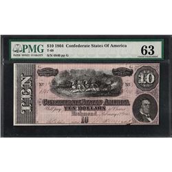 1864 $10 Confederate States of America Note T-68 PMG Choice Uncirculated 63