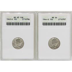 Lot of 1943-D Mercury Dime ANACS MS63FB & 1944-D Mercury Dime ANACS MS64