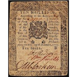 Dec. 8, 1775 10 Shillings Pennsylvania Colonial Currency Note- M. Clarkson Signa