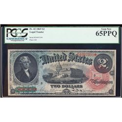 1869 $2 Rainbow Legal Tender Note Fr.42 PCGS Gem New 65PPQ