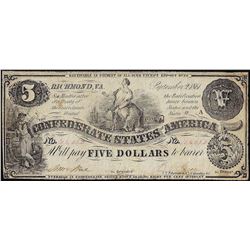 1861 $5 Confederate States of America Note
