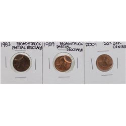 Lot of 1982 & 1989 Broadstruck Brockage Cents & 2001 Off-Center Cent ERROR Coins