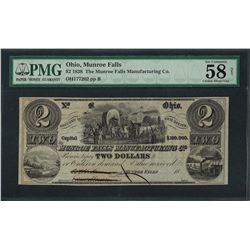 1838 $2 Munroe Falls Manufac. Co. Obsolete Note PMG Choice About Uncirculated 58