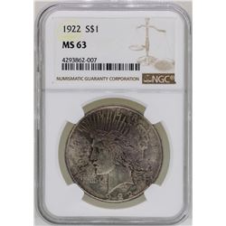 1922 $1 Peace Silver Dollar Coin NGC MS63