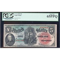 1869 $5 Rainbow Woodchopper Legal Tender Note Fr.64 PCGS Gem New 65PPQ