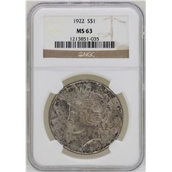 1922 $1 Peace Silver Dollar Coin NGC MS63