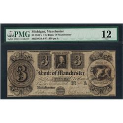 1830's $3 The Bank of Manchester Obsolete Note PMG Fine 12