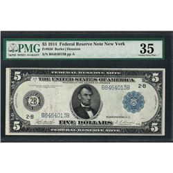 1914 $5 Federal Reserve Note New York Fr.850 PMG Choice Very Fine 35