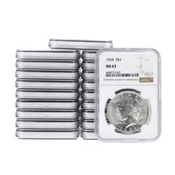 Lot of (20) 1924 $1 Peace Silver Dollar Coin NGC MS63
