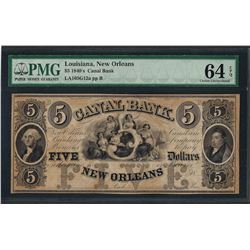 1840's $5 Canal Bank New Orleans Obsolete Note PMG Choice Uncirculated 64EPQ