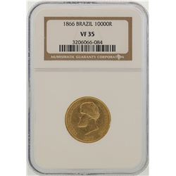 1866 Brazil 10000 Reis Gold Coin NGC VF35