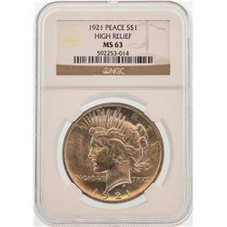 1921 High Relief $1 Peace Silver Dollar Coin NGC MS63