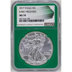 2017 $1 American Silver Eagle Coin NGC MS70 Early Releases Green Core
