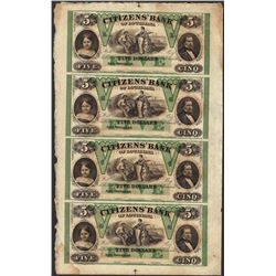 Uncut Sheet of 1800's $5 Citizens Bank of Louisiana Obsolete Notes