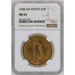 1908 No Motto $20 St. Gaudens Double Eagle Gold Coin NGC MS63