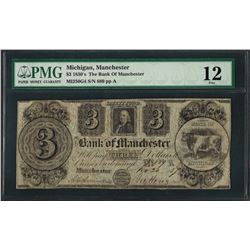 1830's $3 The Bank of Manchester Obsolete Note PMG Fine 12