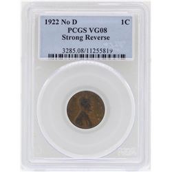 1922 No D Strong Reverse Lincoln Wheat Cent Coin PCGS VG08