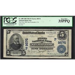1902 PB $5 National Currency Note San Fernando, CA CH# 9575 PCGS Very Fine 30PPQ